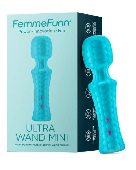 FemmeFunn Ultra Mini Wand Silicone Vibrator - Teal next to box 