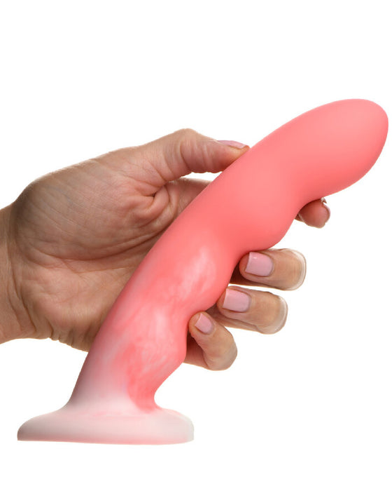 Simply Sweet 8 Inch Wavy Dildo with Heart Base - Pink in hand 
