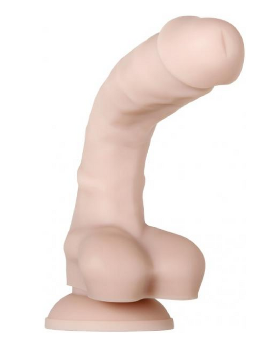 Real Supple Poseable 8.25 Inch Silicone Dildo - Vanilla shown with the suction cup against the flat surface and the shaft posed steeply towards the balls