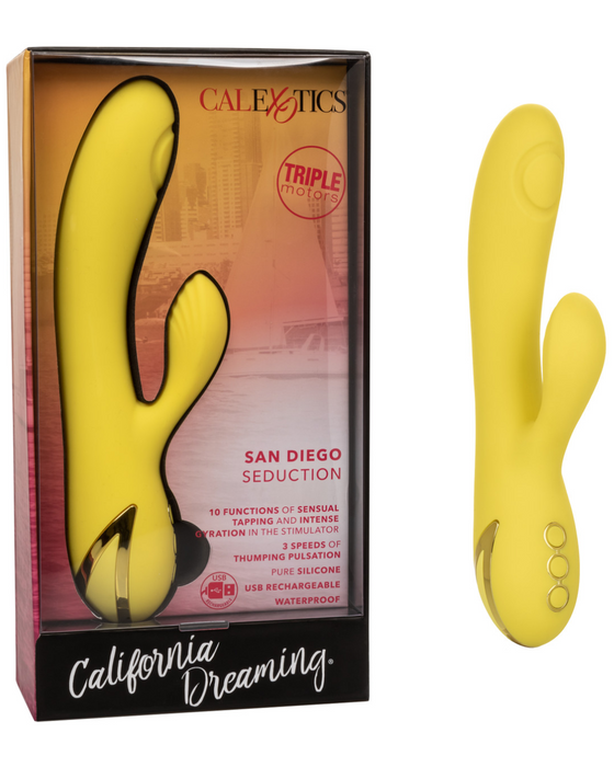 California Dreaming San Diego Seduction Dual Stimulation Vibrator next to product box