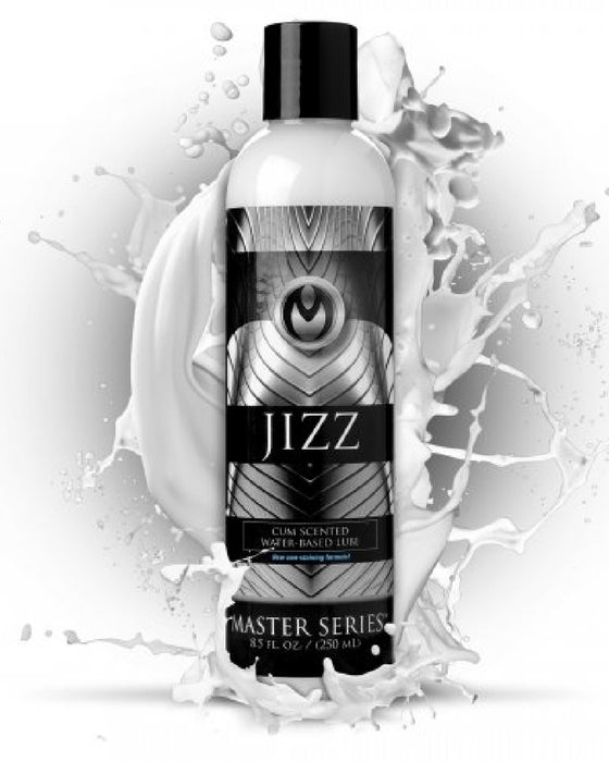 A product presentation with dynamic splashing liquid, highlighting the features of XR Brands' Jizz Ultra Realistic Cum Scented Lube 8.5oz water based lubricant.
