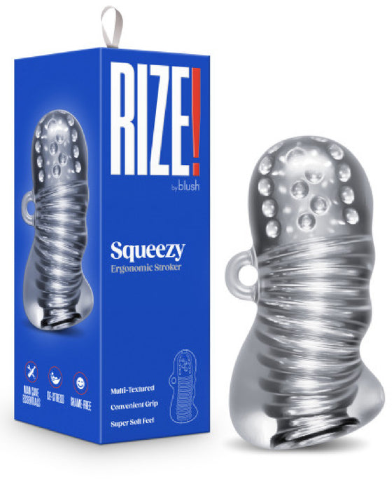 Rize Squeezy Clear Textured Stroker next to box 