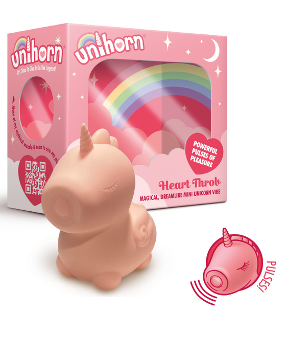 Unihorn Unicorn Shaped Heart Throb Pulsating Vibrator next to product box 