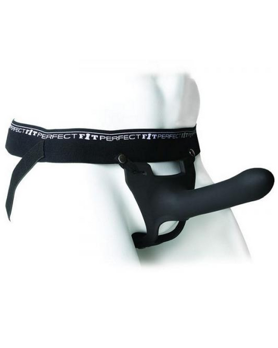 Perfect Fit Zoro 6.5 Inch Strap-on Harness & Dildo - Black on a mannequin