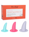 Three colorful She-ology™ Advanced 3-piece Wearable Vaginal Dilators of different sizes with a storage box in the background, aimed at promoting comfort and vaginal health. (Brand Name: CalExotics)