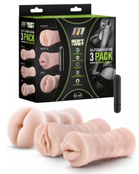 M for Men 3-Pack Self-Lubricating Vibrating Stroker Sleeves - Vanilla with the box