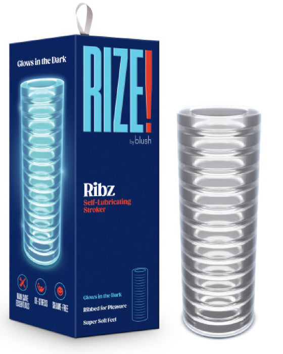 Rize Ribz Self Lubricating Glow in the Dark Stroker next to box 