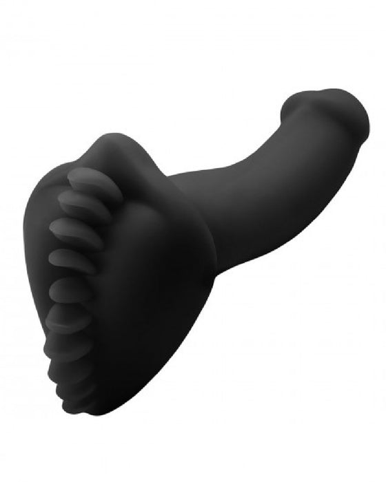 3d illustration of a black Shagger Extreme Textured Dildo Base for Harness Play by Bumpher hand giving a thumbs up isolated on a white background. The hand is stylized and simplified, without detailed textures or features like those of a manual stimulator. Brand Name: Bananapants