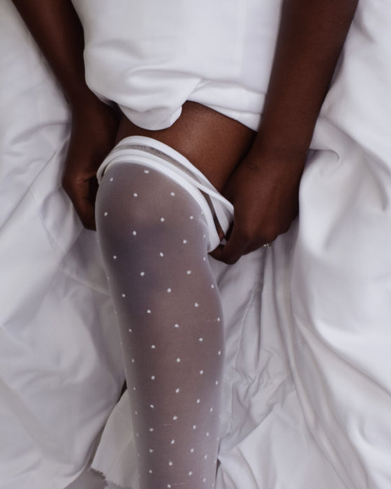 Kix'ies Brooke Silky Sheer White with Polka Dots Thigh Highs (sizes A-D)