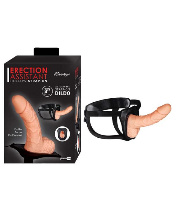 Erection Assistant 8 Inch Hollow Strap-on - Vanilla next to product box 