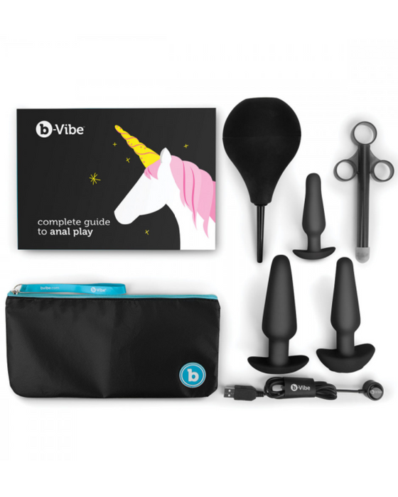 B-Vibe Anal Training & Education Set - Black showing all the kit elements laid out on a white background