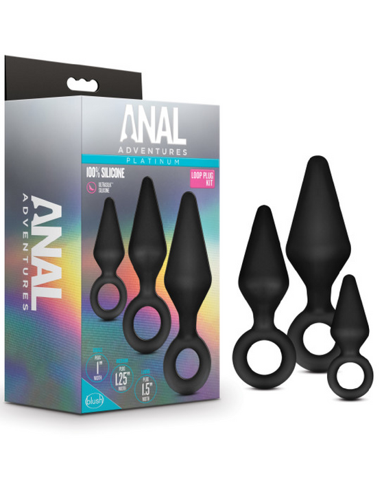 Anal Adventures Silicone Loop Butt Plug Set next to product box 
