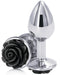 Rear Assets Black Rose Anal Plug - Small showing the side view and the rose base view