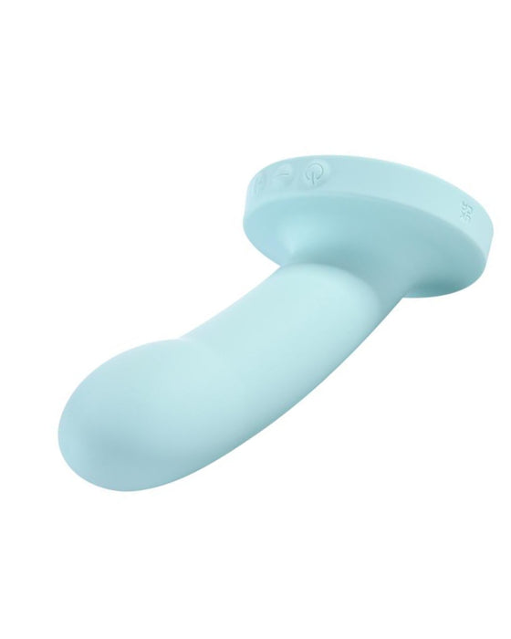 Sportsheets Myst 5" Vibrating Silicone Dildo - Light Blue close up of the bulbous tip 