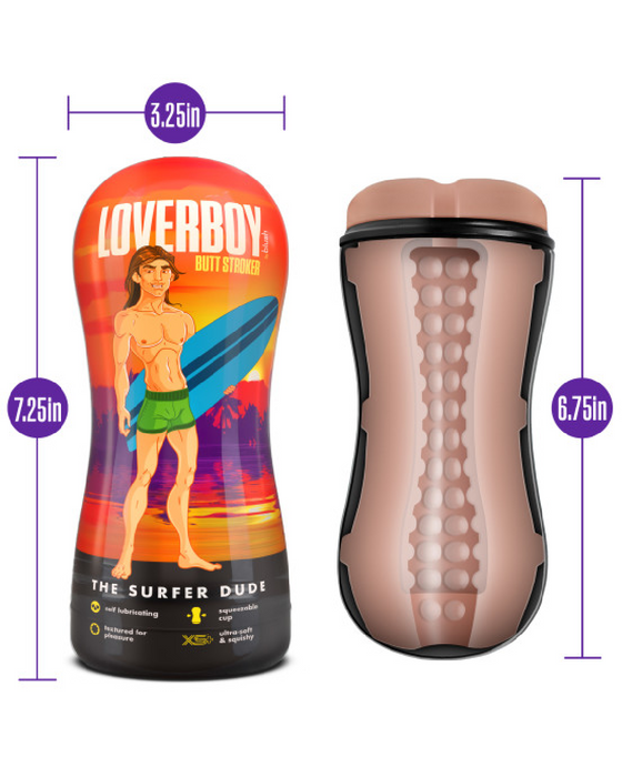 Loverboy Surfer Dude Self Lubricating Butt Stroker graphic showing dimensions