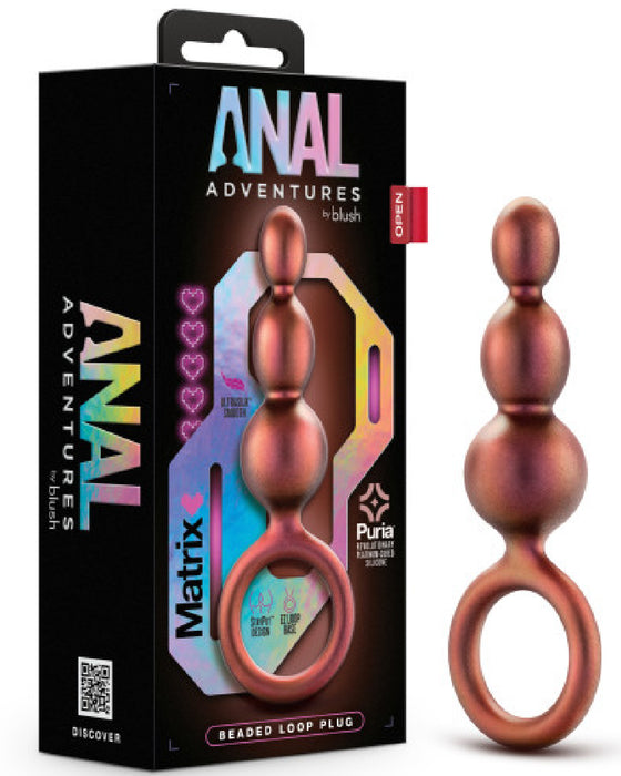 Product packaging for "Matrix First Time Soft Silicone Beaded Anal Beads with Finger Loop" featuring a silicone beaded loop plug by Blush.