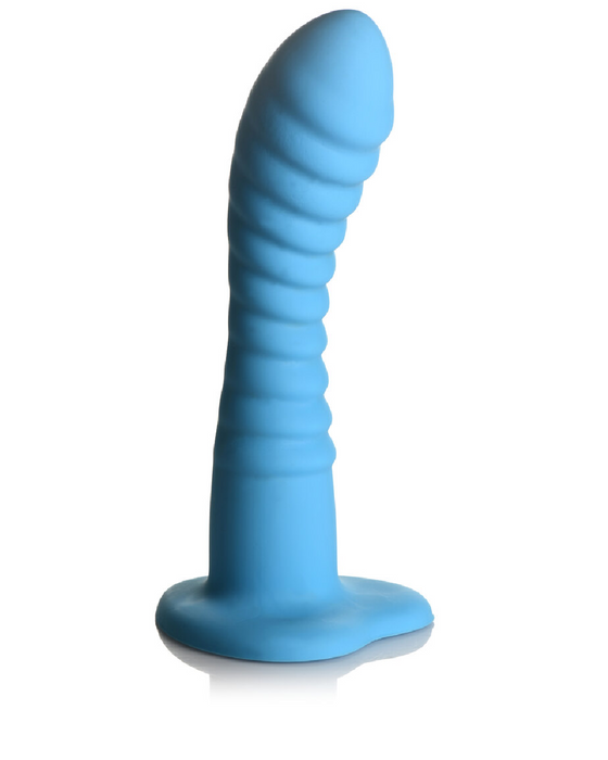 Simply Sweet 7 Inch Ribbed Dildo with Heart Base - Blue upright side view 