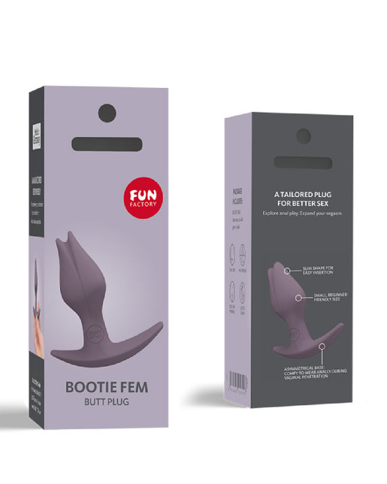 Fun Factory Bootie Fem Anal Plug - Purple front and back of box 
