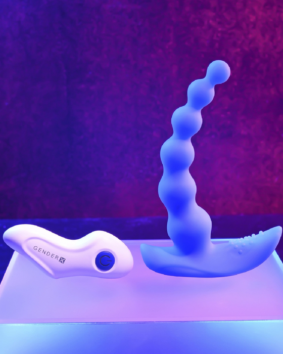 Beaded Pleasure Remote Control Vibrating Anal Beads with remote on blue background 