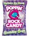 A colorful package of "Rock Candy Popping Blow Job Candy" in sparkling grape flavor, designed as oral sex candy, featuring an illustration of a pink tongue licking a purple popping candy on a stick.
