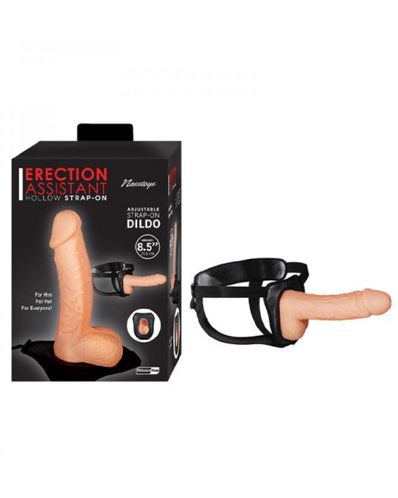 Erection Assistant 8.5 Inch Hollow Strap-on - Vanilla next to product box 
