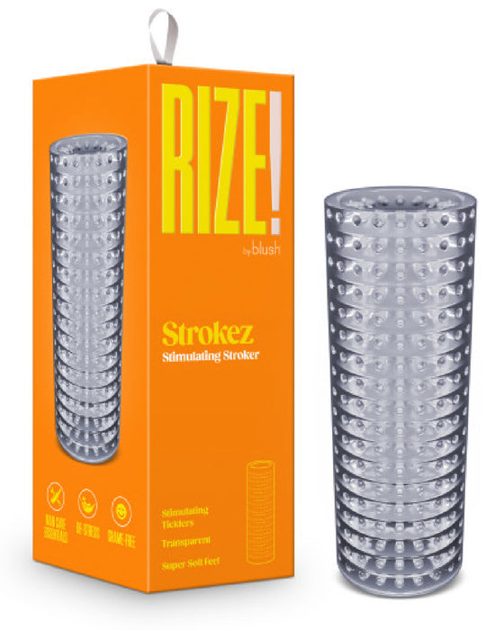 Rize Strokerz Clear Textured Stroker next to box 
