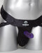 Close-up of a SpareParts Deuce Double Penetration Strap-on Harness with a purple attachment, displayed on a mannequin.