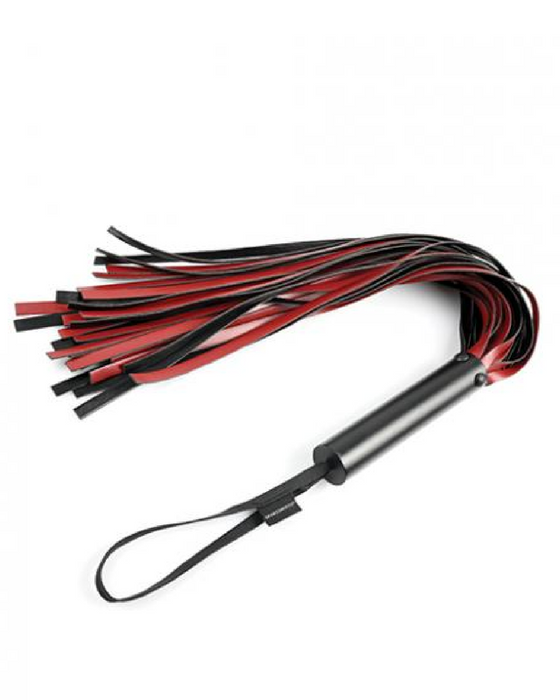 Saffron Flogger by Sportsheets Black and Red flogger laying sideways on white background 
