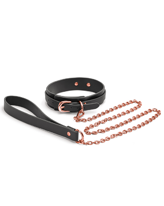 Bondage Couture Vegan Collar and Leash - Black with rose gold accents on white background 