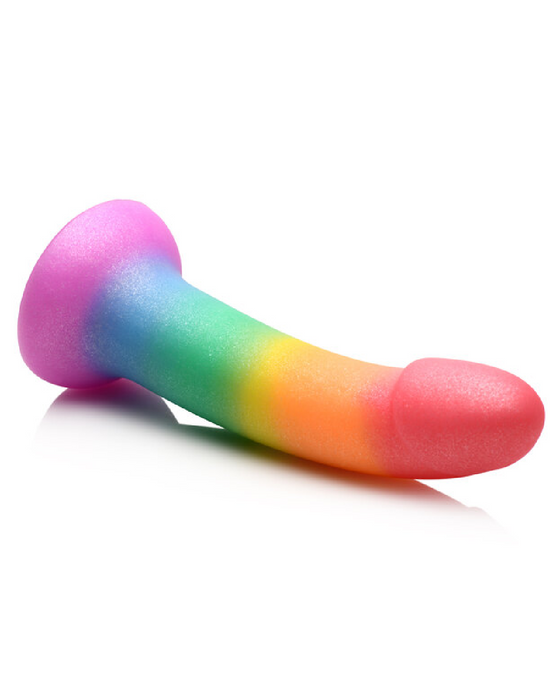 Simply Sweet 6.5 Inch Flexible Silicone Rainbow Dildo angled view 