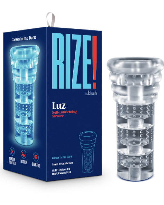 Rize Luz Self Lubricating Glow in the Dark Stroker next to box 