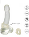 Island Rings Double Stacker Glow in the Dark Cock Rings clear dildo with ring on it and graphics showing product highlights 