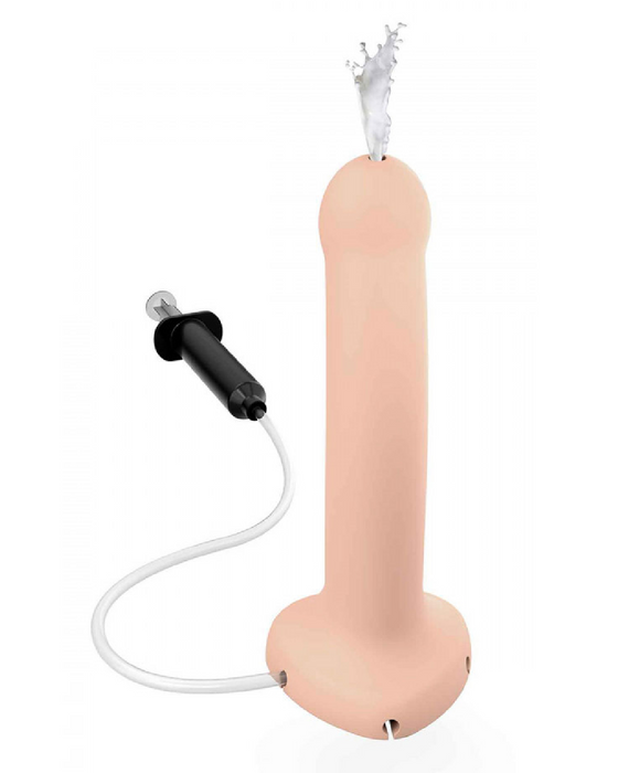 Strap-On-Me Silicone Squirting Cum Dildo - Vanilla  view of the dildo and accessories with clear liquid shooting from the tip