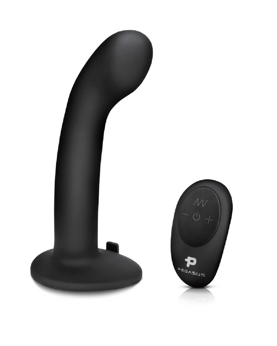 Pegasus 6" G-Spot & Prostate Vibrating Strap-on Dildo and Harness Set - Black with just dildo and remote on white background