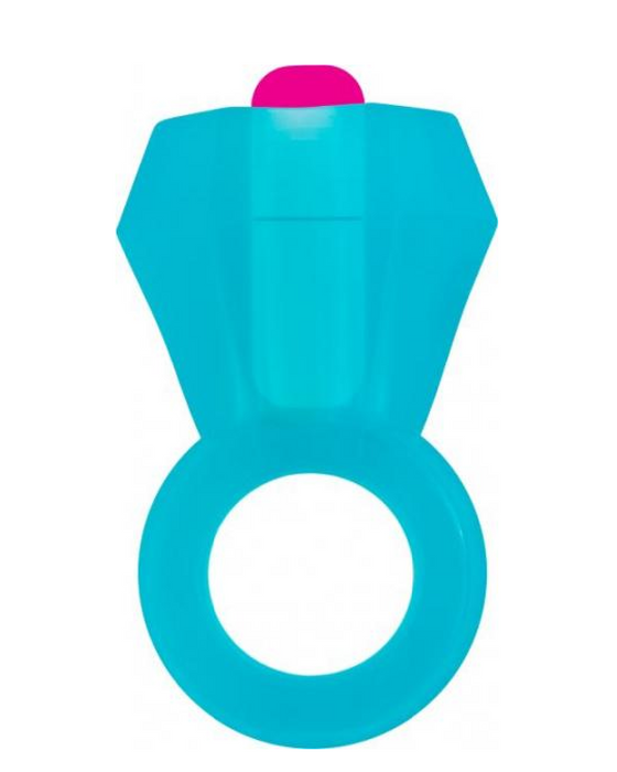 Bright blue Bling Pop Beginner's Blue Vibrating Cock Ring-shaped plastic bottle with a pink cap, isolated on a white background.
