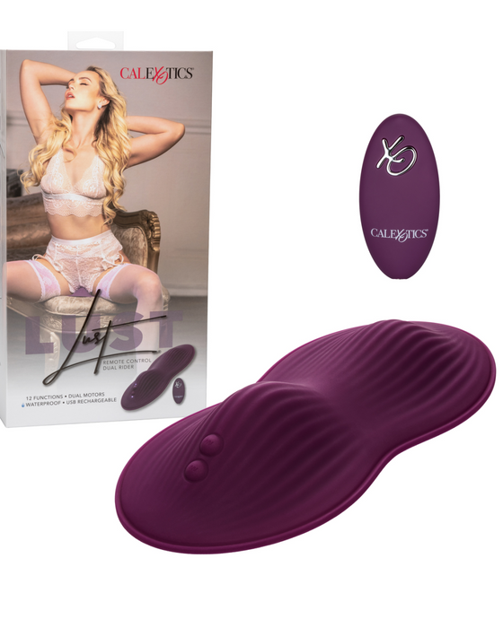 Lust Dual Rider Remote Control Humping Vibrator  next to product box with model sitting on vibe 