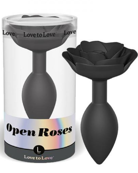 Open Roses Large Silicone Anal Plug - Black next to product box