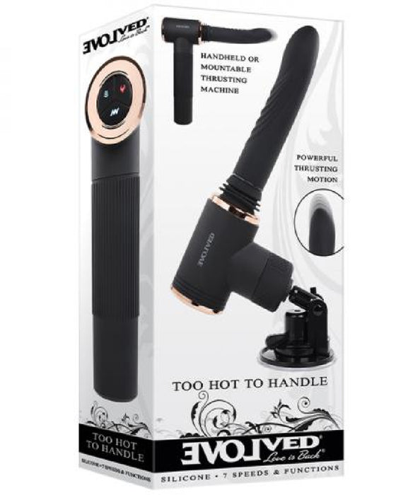 Too Hot To Handle Thrusting Heating Sex Machine with Mount white product box picturing black toy 