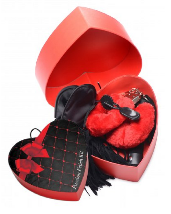 Passion Fetish Sexy BDSM Toy Kit with Heart Gift Box with the box opened showing the toys