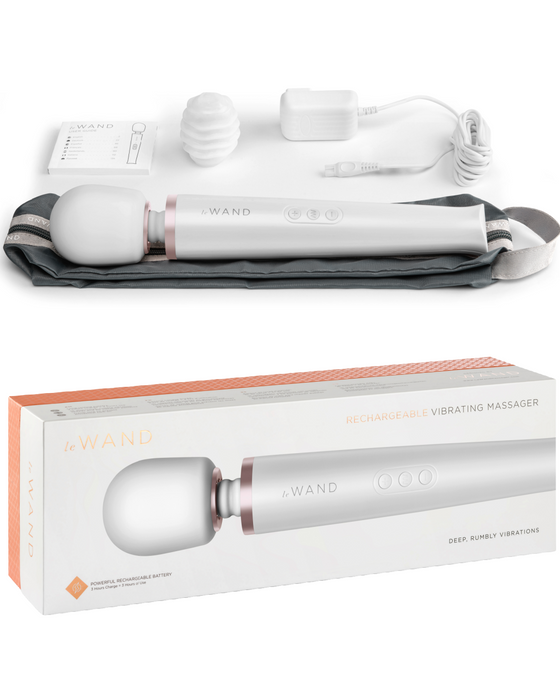 Le Wand Cordless Vibrating Massager - White on a white background with the zip up travel bag, plugs, and cord