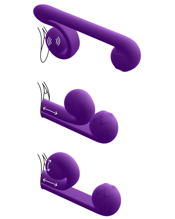 The Snail Silicone Waterproof Dual Stimulating Vibrator - Purple showing different uses