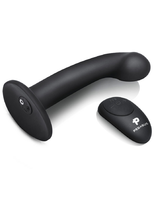 Pegasus 6" G-Spot & Prostate Vibrating Strap-on Dildo and Harness Set - Black showing the suction cup and remote