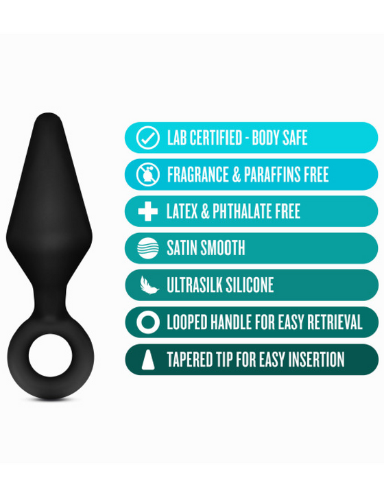 Anal Adventures Silicone Loop Butt Plug Set graphic showing product features 