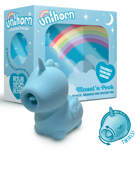 Unihorn Unicorn Shaped Flickering Tongue Vibrator - Blue next to box 