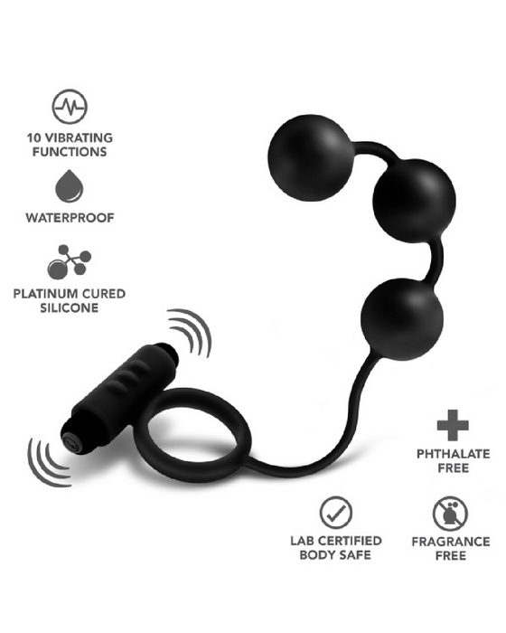 Anal Adventures Silicone Anal Beads with Vibrating Cock Ring - Black graphic showing features of product 