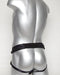 A silver mannequin torso featuring a SpareParts Deuce Double Penetration Strap-on Harness with a black belt accessory.