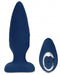 Nu Sensuelle Andii Roller Motion Butt Plug with Remote - Navy Blue upright next to upright remote 
