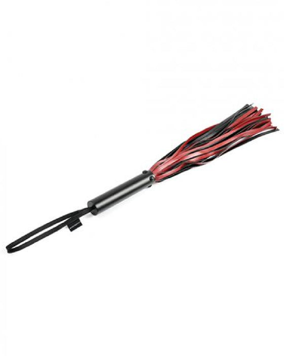 Saffron Flogger by Sportsheets black and red flogger lengthwise on an angle 