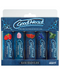 Assorted flavors of Doc Johnson's GoodHead Slick Head Flavored Glide Lubricant 5 pack 1 oz products displayed in packaging with a decorative design, highlighting the product's intended use for enhancing oral pleasure.
