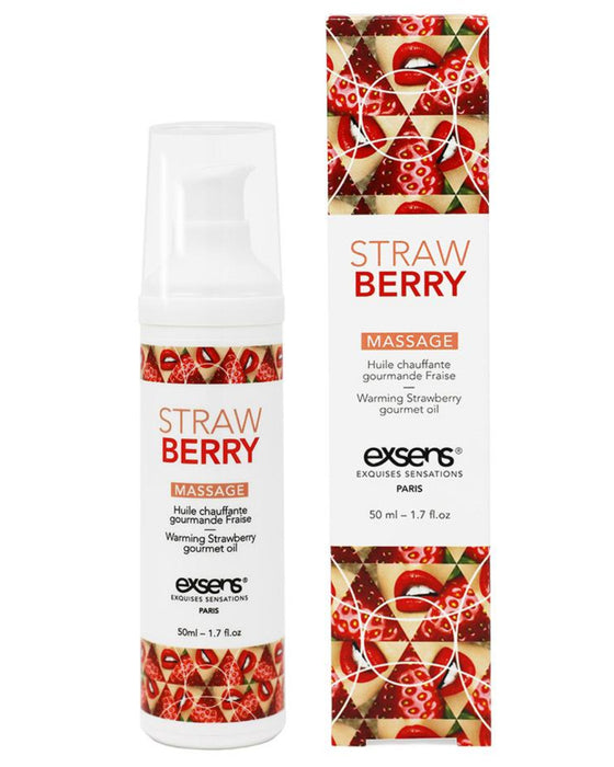 A bottle of Exsens Strawberry Flavored Warming Massage Oil 50ml, packaged in an eye-catching box with images of strawberries, indicating a sensual and aromatic product designed for massage experiences.